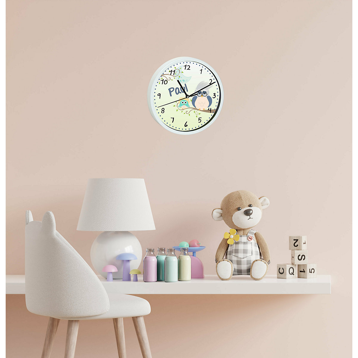 Kinder Wanduhr personalisiert mit Name Eule Opa