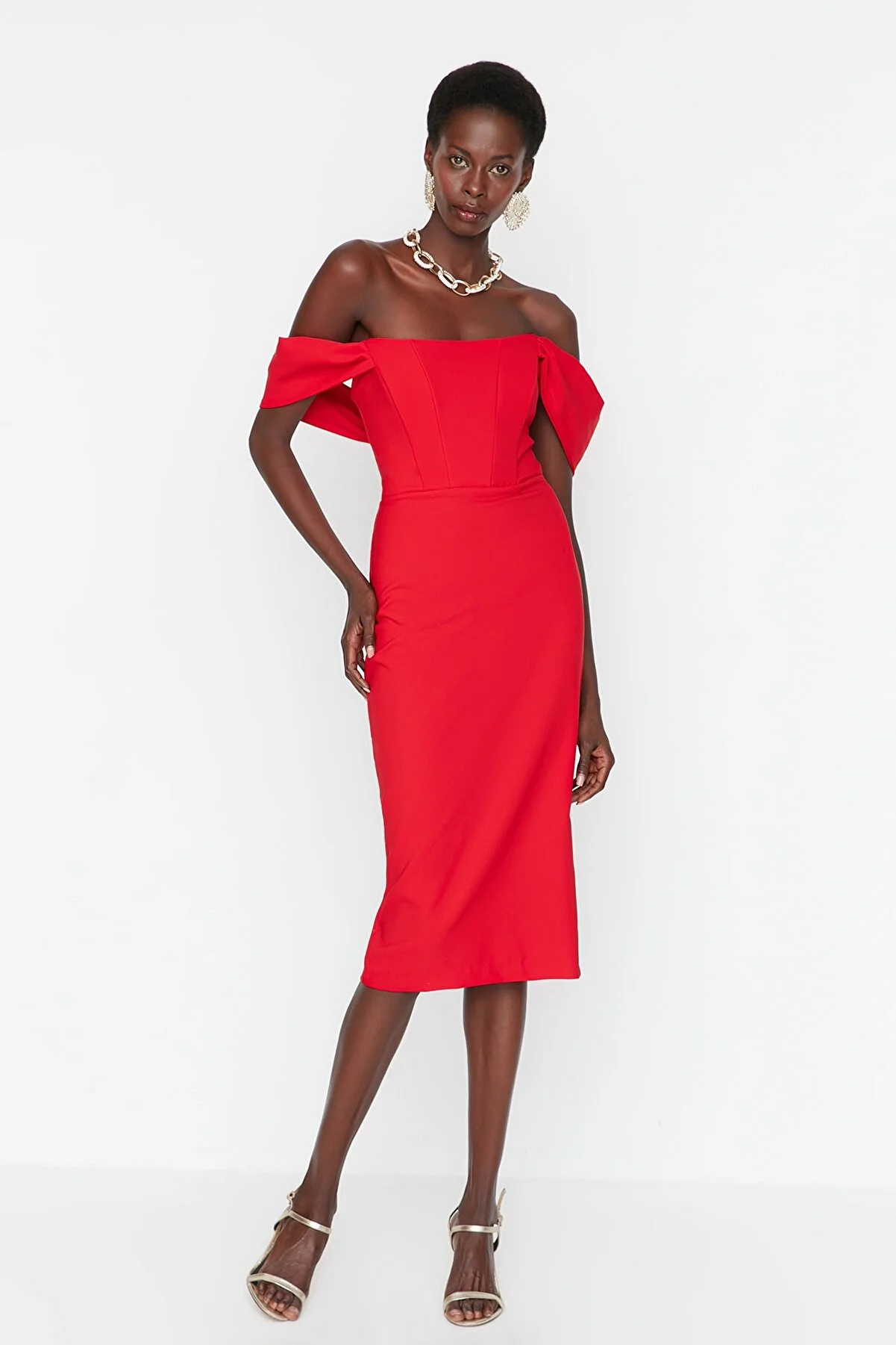 Trendyol Collection  Rotes, gefüttertes, gewebtes Korsett-Abendkleid mit detailliertem Ausschnitt TPRSS22EL00097