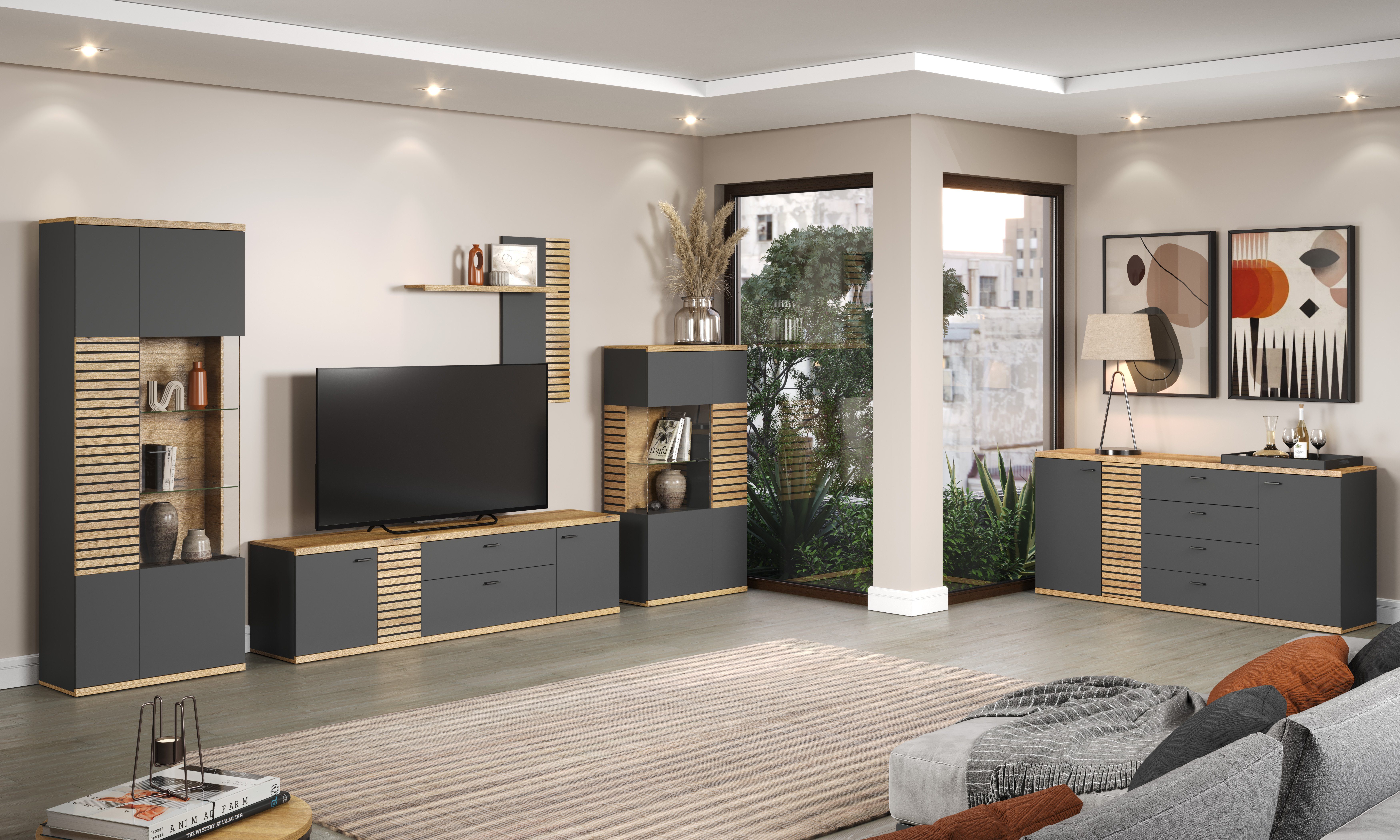 INOSIGN Wohnwand NORRISWW, (Set, 3-St), Wohnwand-Set in Anthrazit mit Coast Evoke Eiche, Türen mit Soft-Close