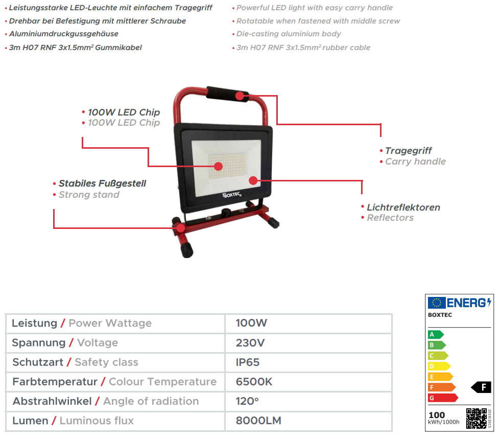 BOXTEC LED Arbeitsleuchte, Baustrahler, PRO-LINE FIXSTAND 100W, 8000lm, 6500K, IP65, 3m Gummikabel