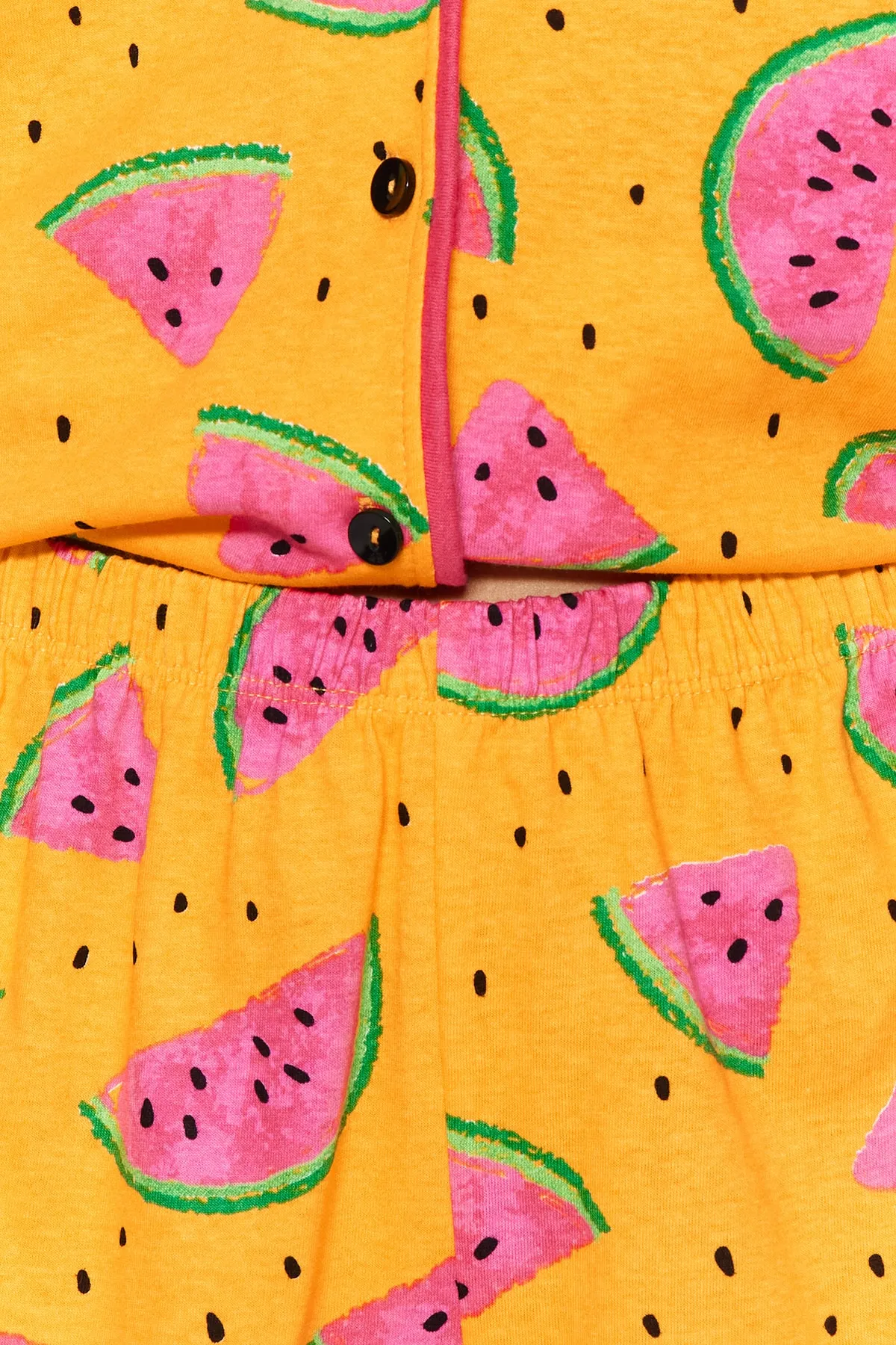 Trendyol Collection  Hellorangees Pyjama-Set aus 100 % Baumwolle mit Wassermelonenmuster und Rüschen, Hemd und Shorts, Strick, THMSS21PT0670