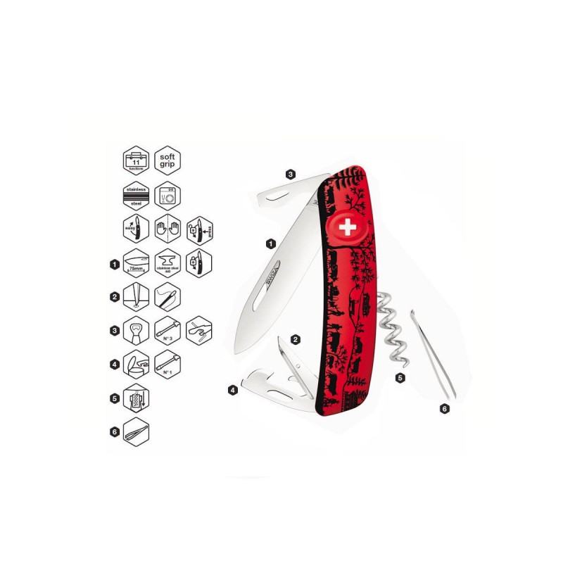 Schweizer Messer, Swiza D03 Heidiland Rot, mit 11 Mehrfarbenfunktionen, Made in Swiss.