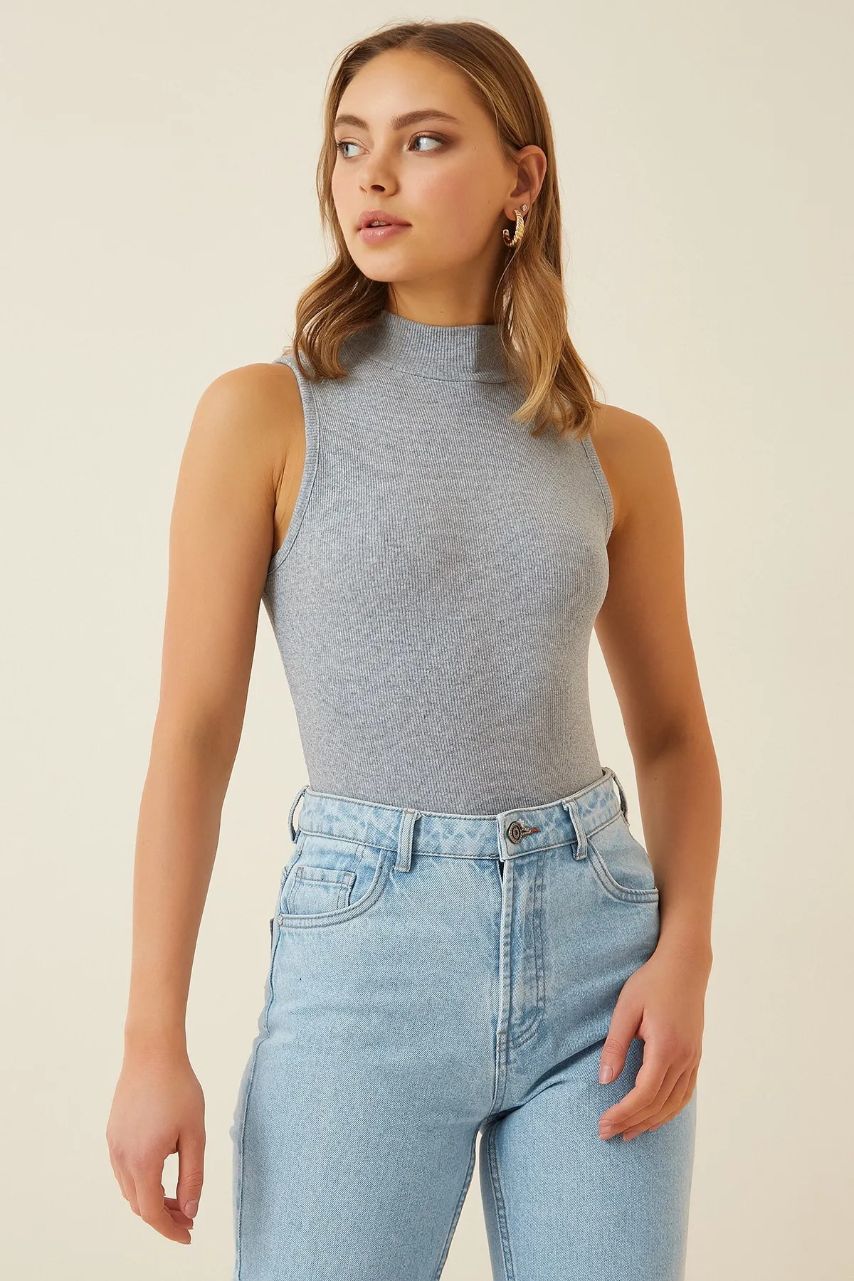 Happiness İstanbul  Damen-Bluse mit Rollkragen, ärmellos, 2er-Pack, grau-weiß, gestrickt, GT00012