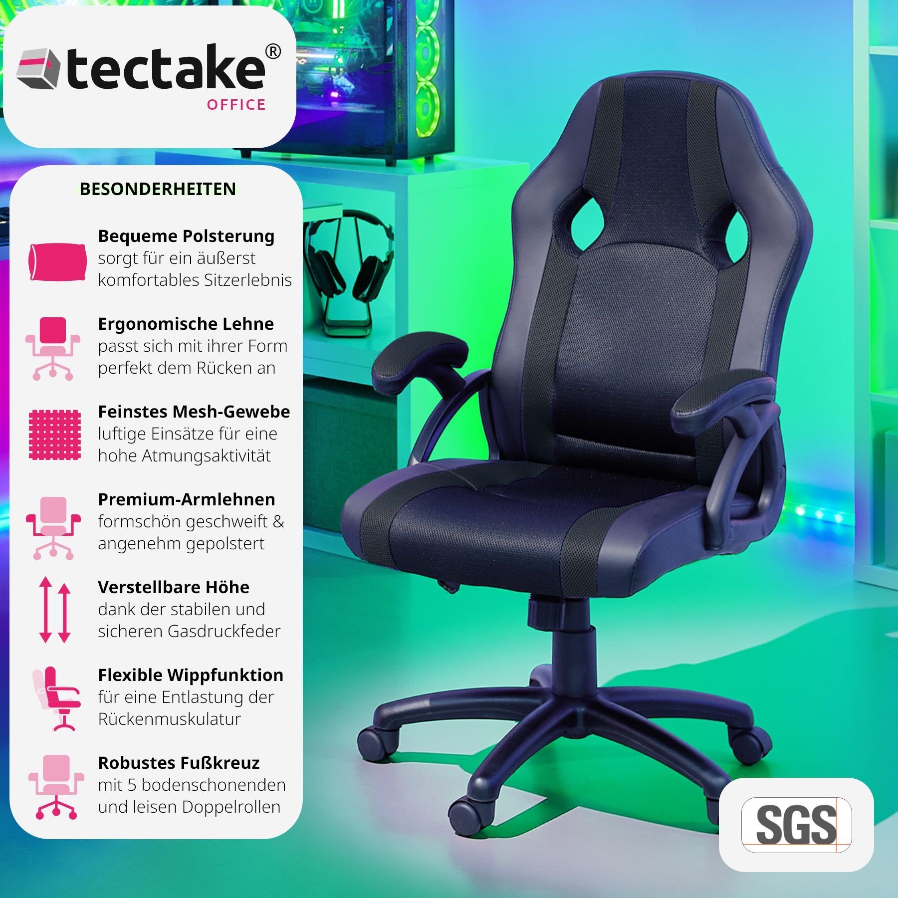tectake Gaming-Stuhl Goodman (1er, 1 St), einstellbare Wippmechanik