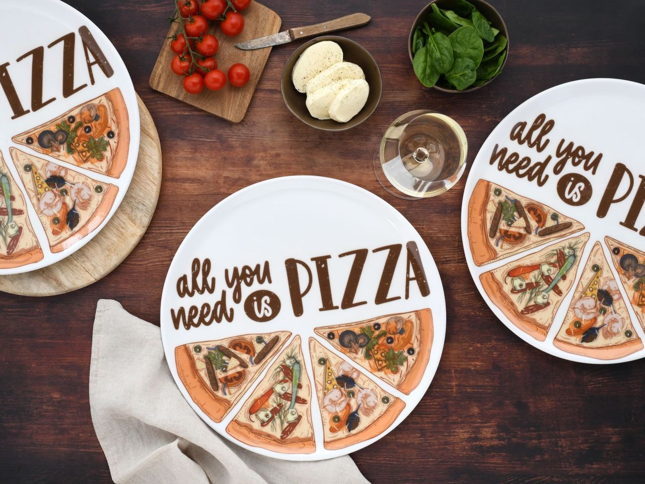 CreaTable Pizzateller Set ALL YOU NEED, 6-teiliges Geschirrset, Pizzateller aus Porzellan
