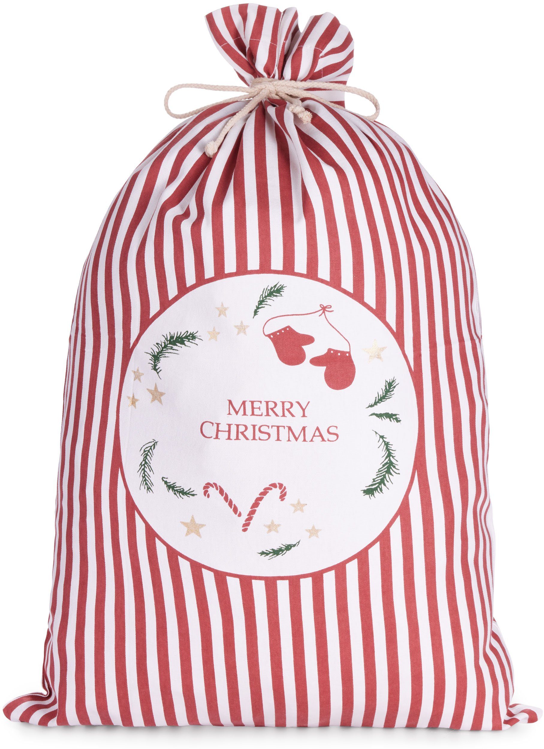 BRUBAKER Aufbewahrungstasche Weihnachtssack Merry Christmas Rot Weiß - 80 cm Geschenksack (1-tlg., Tanne, Sterne, Zuckerstange und Handschuhe), Nikolaussack Sack Baumwolle mit Kordel für Geschenke