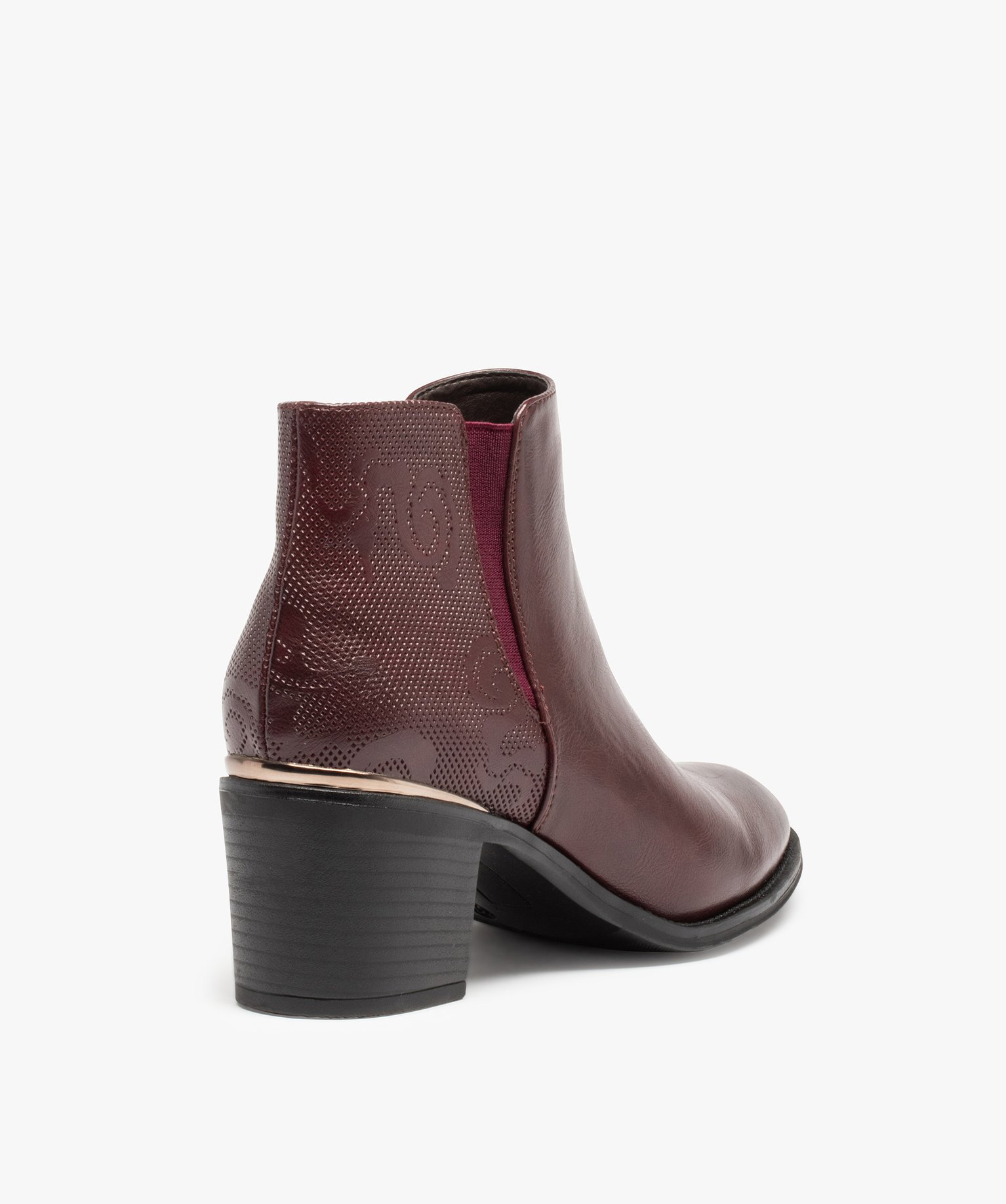 Boots femme à talon carré dessus uni motif en relief rouge fonce | GEMO