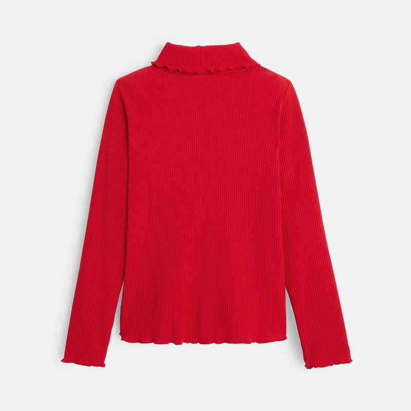 T-shirt col roulé côtelé uni rouge fille