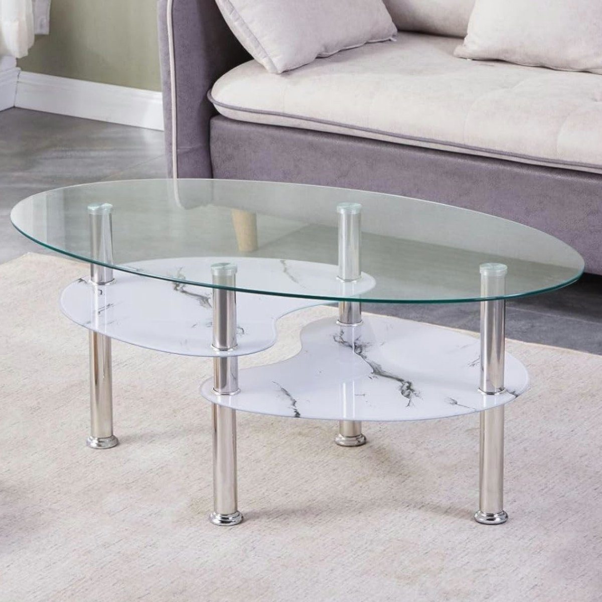 HOOZ Couchtisch 98x55cm Klar Glas mit Ablagen in Marmorweiß (Packung, 1-St., 1 Tisch), mit Ablagefächern