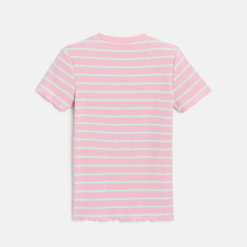 T-shirt fille rayé rose et vert en coton côtelé fille Catimini