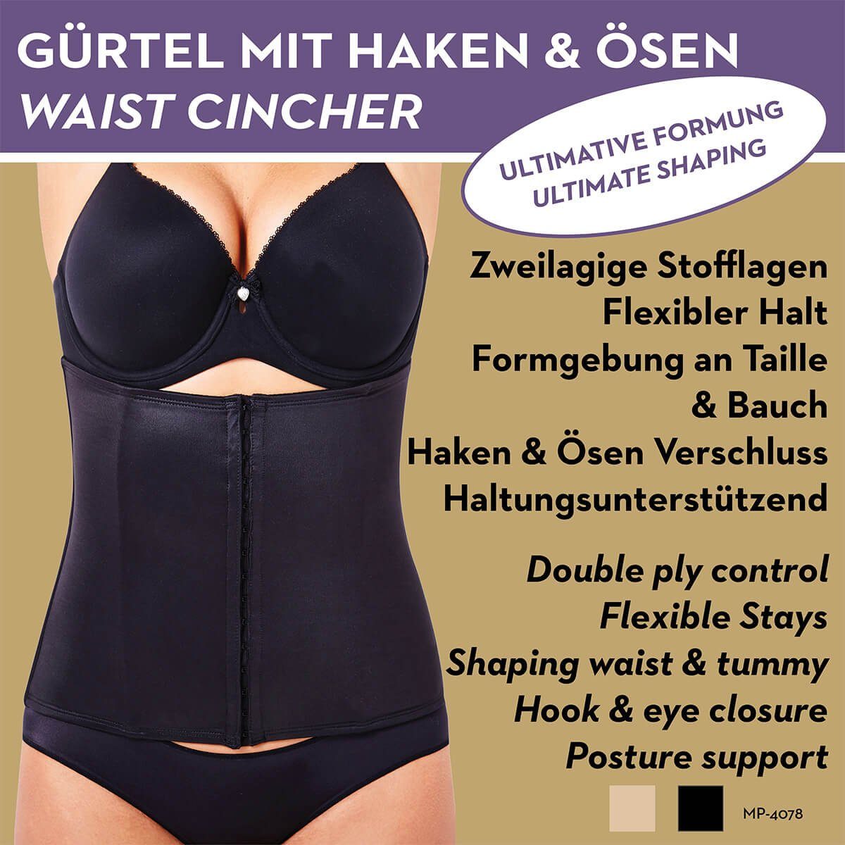 Miss Perfect Taillenshaper 4078 Figurformender Body Shapewear Gürtel mit Haken- und Ösenverschluss