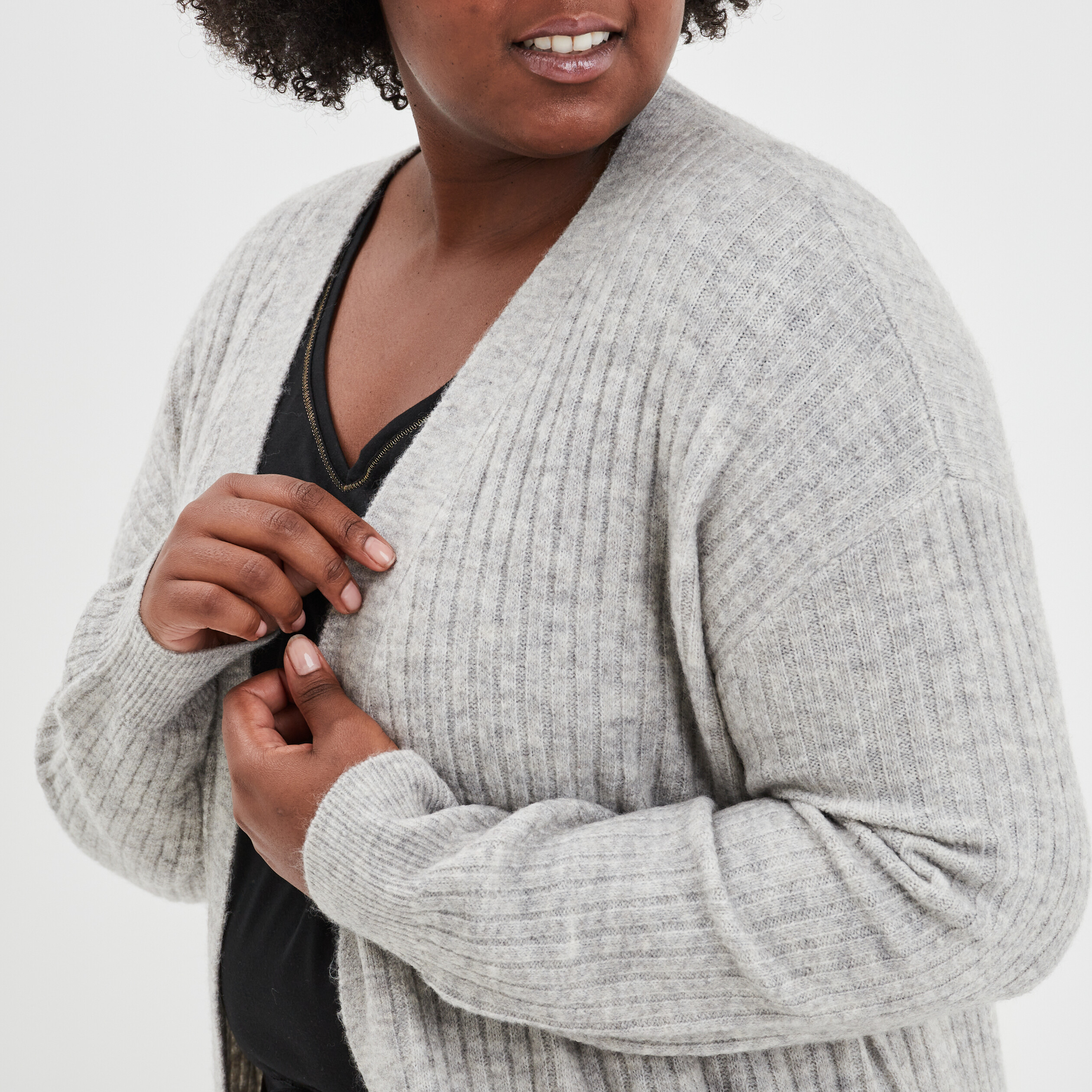 Gilet long côtelé col châle gris femme grande taille | La Halle