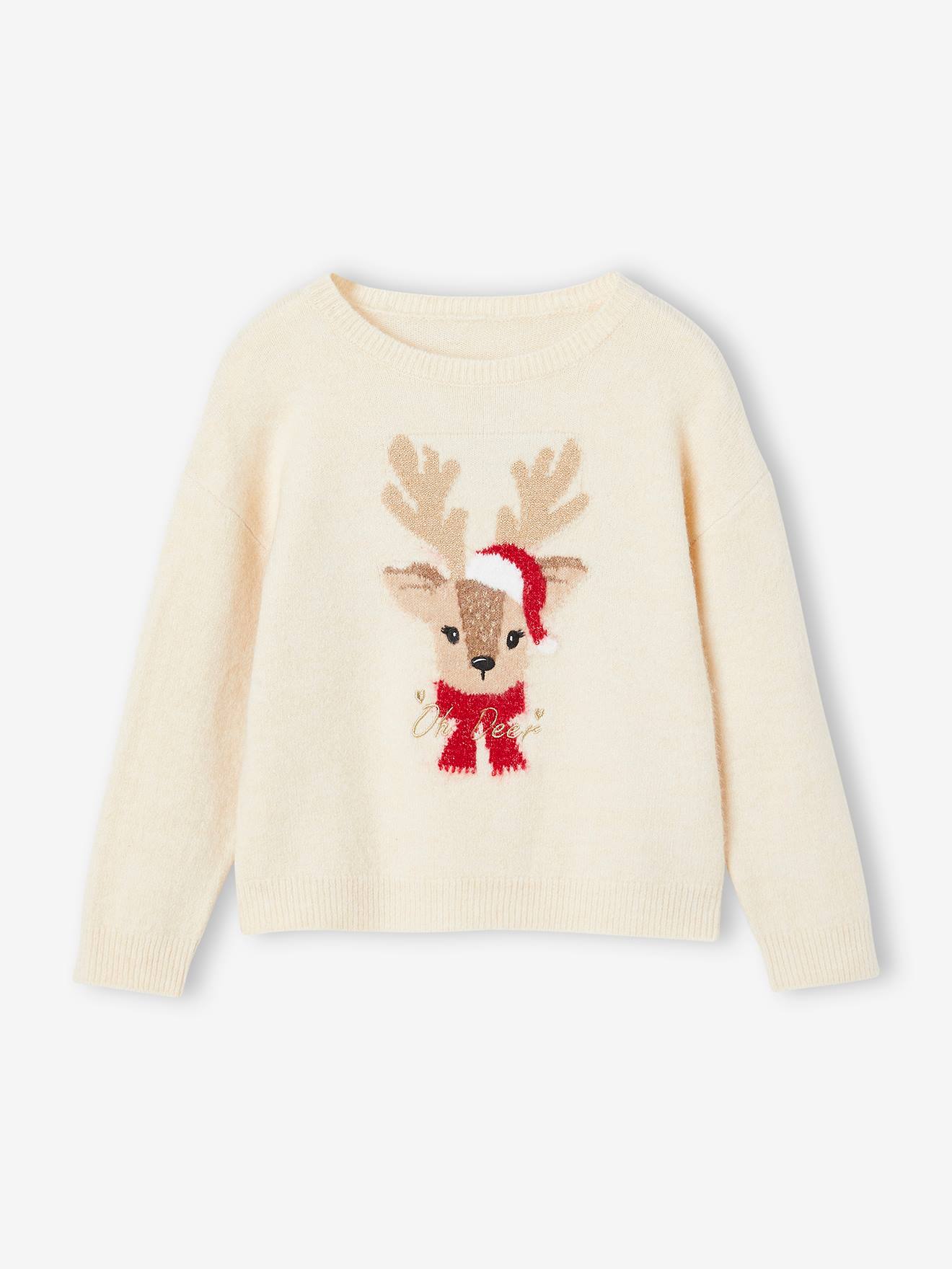 Vertbaudet Mädchen Geschenk-Set: Weihnachtspullover & 2 Haargummis - wollweiß