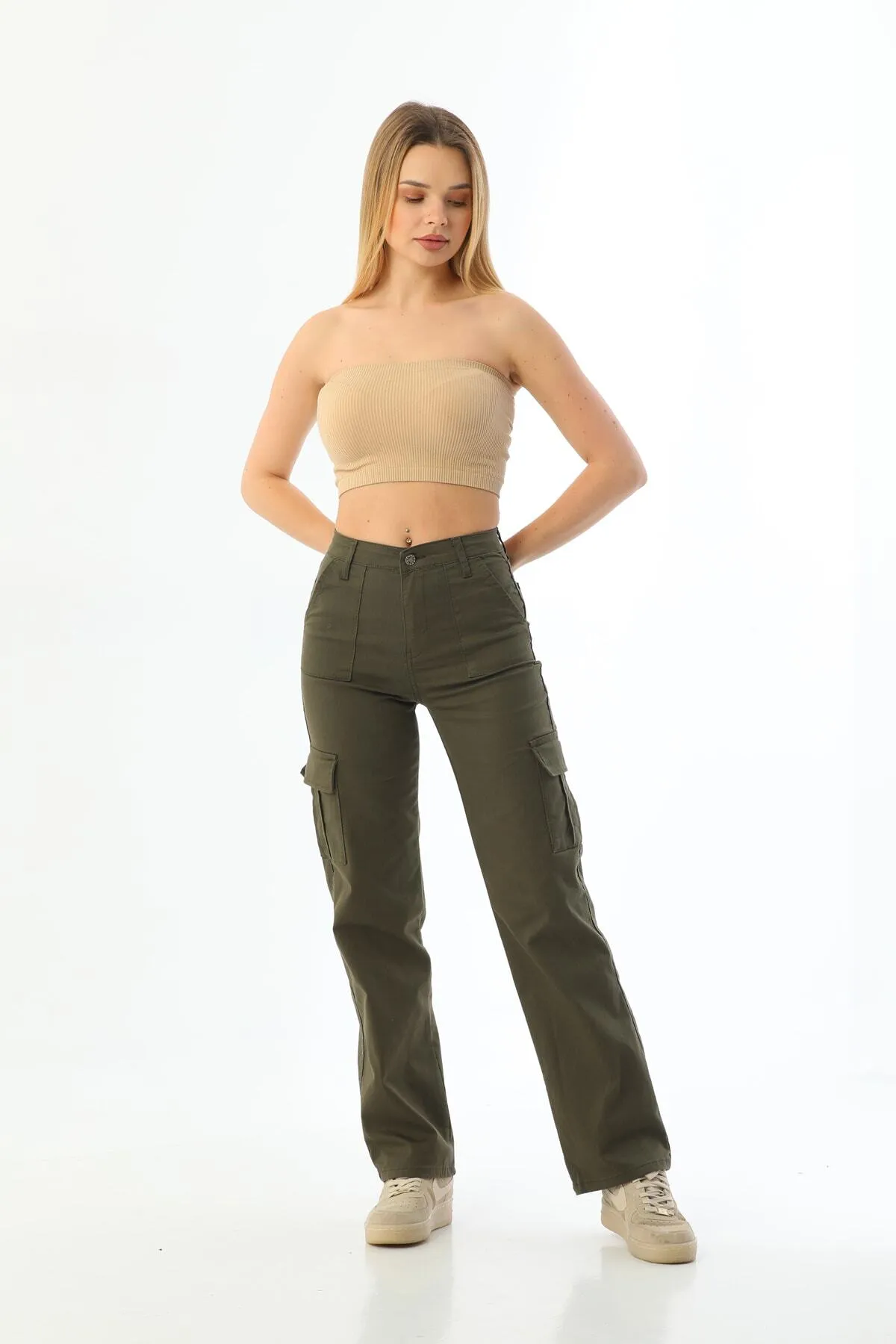 BİKELİFE  Khakifarbene Cargo-Hose aus Lycra mit hoher Taille und weitem Bein