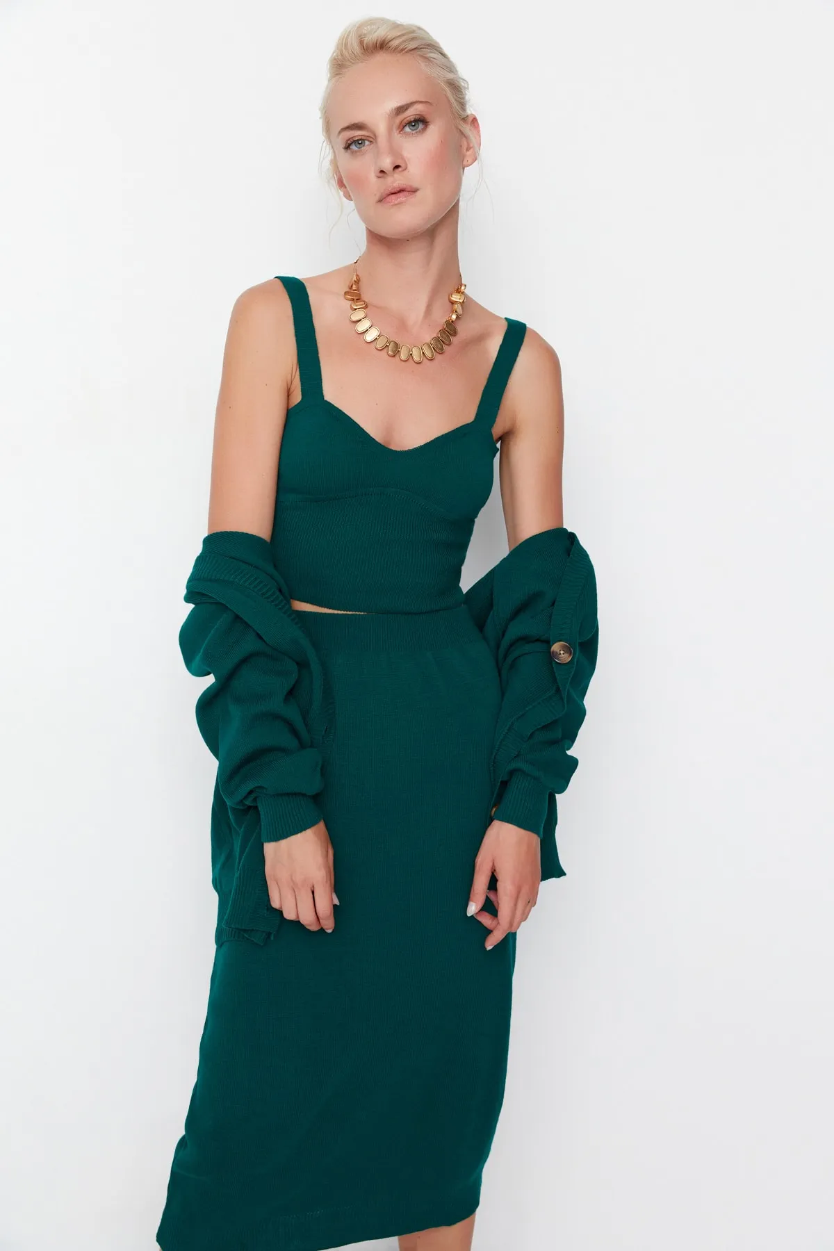 Trendyol Collection  Smaragdgrünes Strickoberteil- und -unterteil-Set TWOAW23AU00029