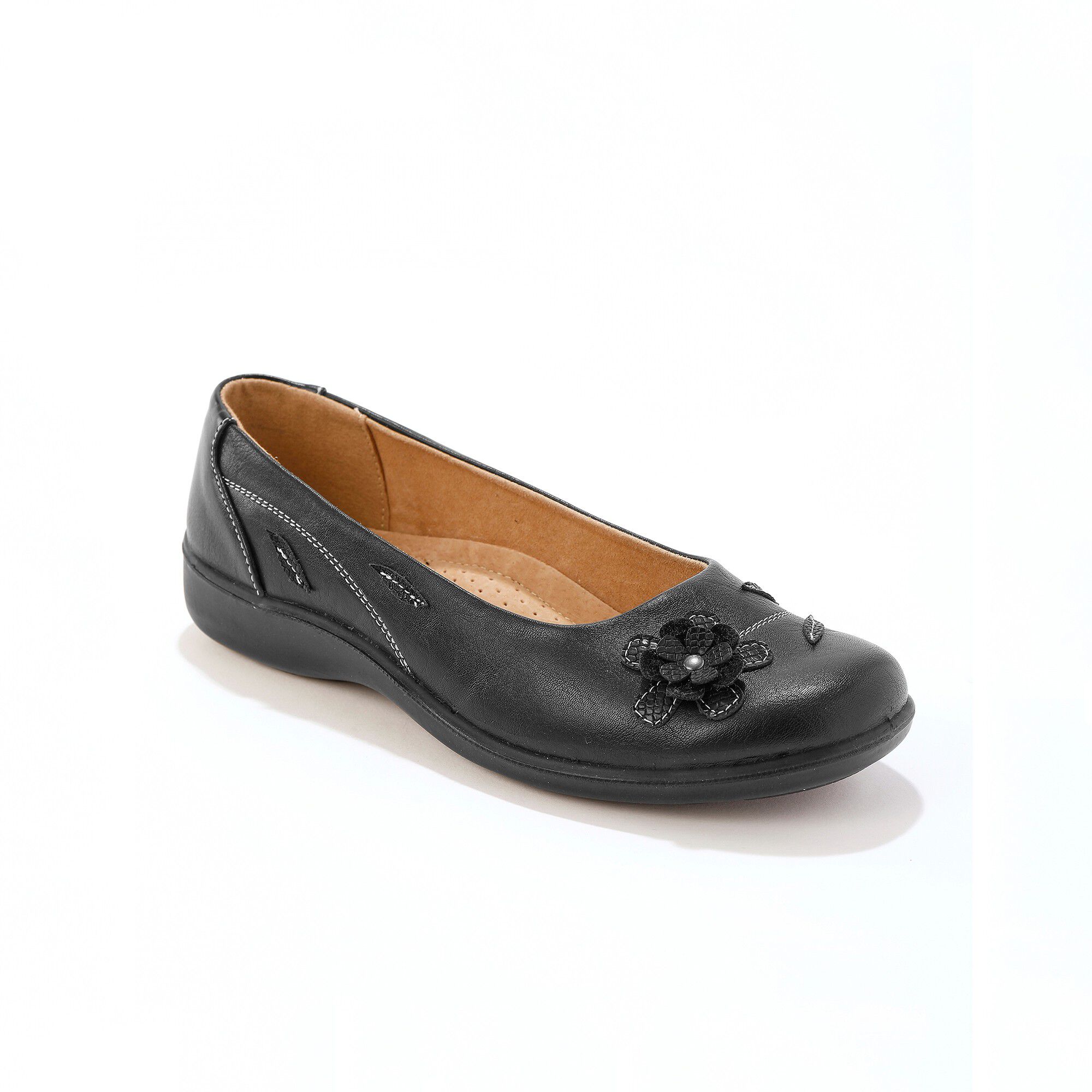 Ballerines en cuir à fleur appliquée largeur confort