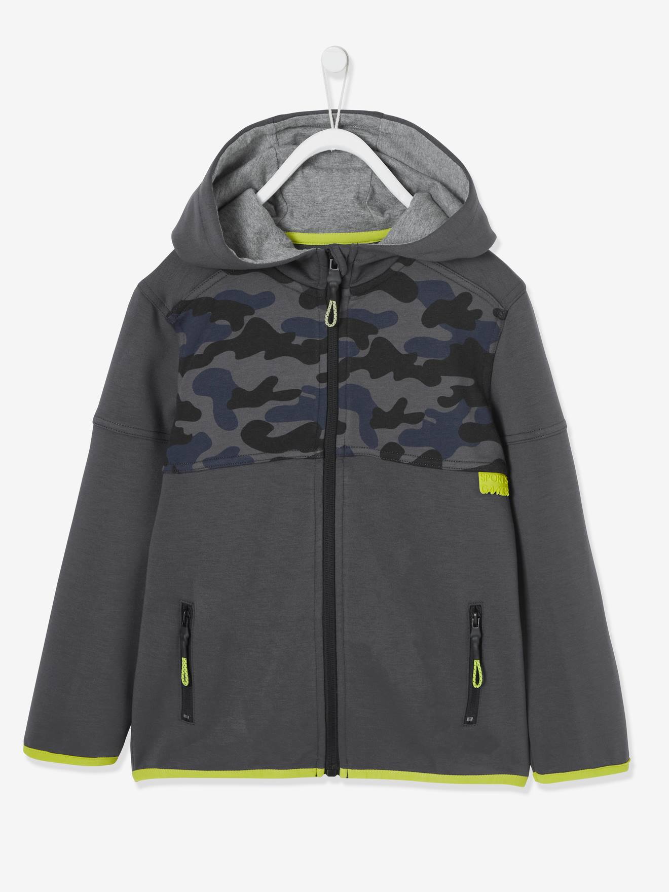 Sweat de sport garçon matière technique détails fluo gris béton