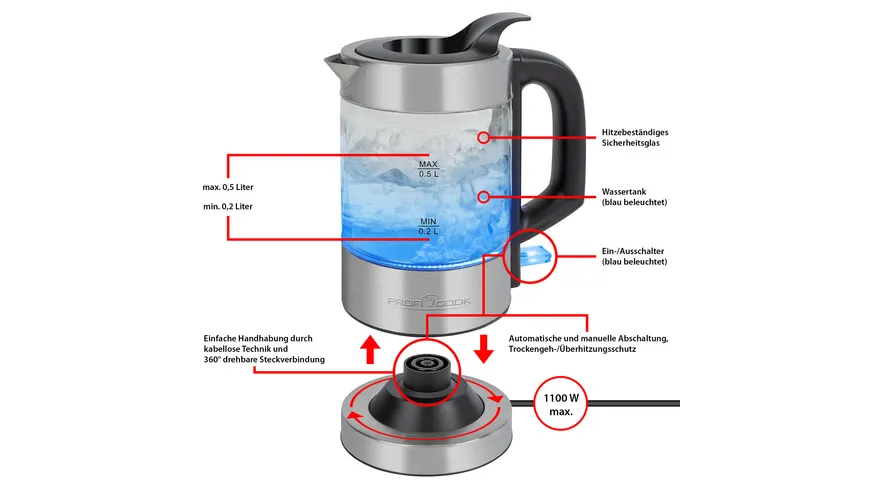 PROFI COOK Wasserkocher Glas PC-WKS 1228G 0,5l