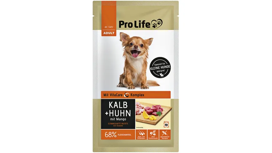 Pro Life Nassfutter für Hunde mit Kalb, Huhn und Mango an Distelöl 125 g