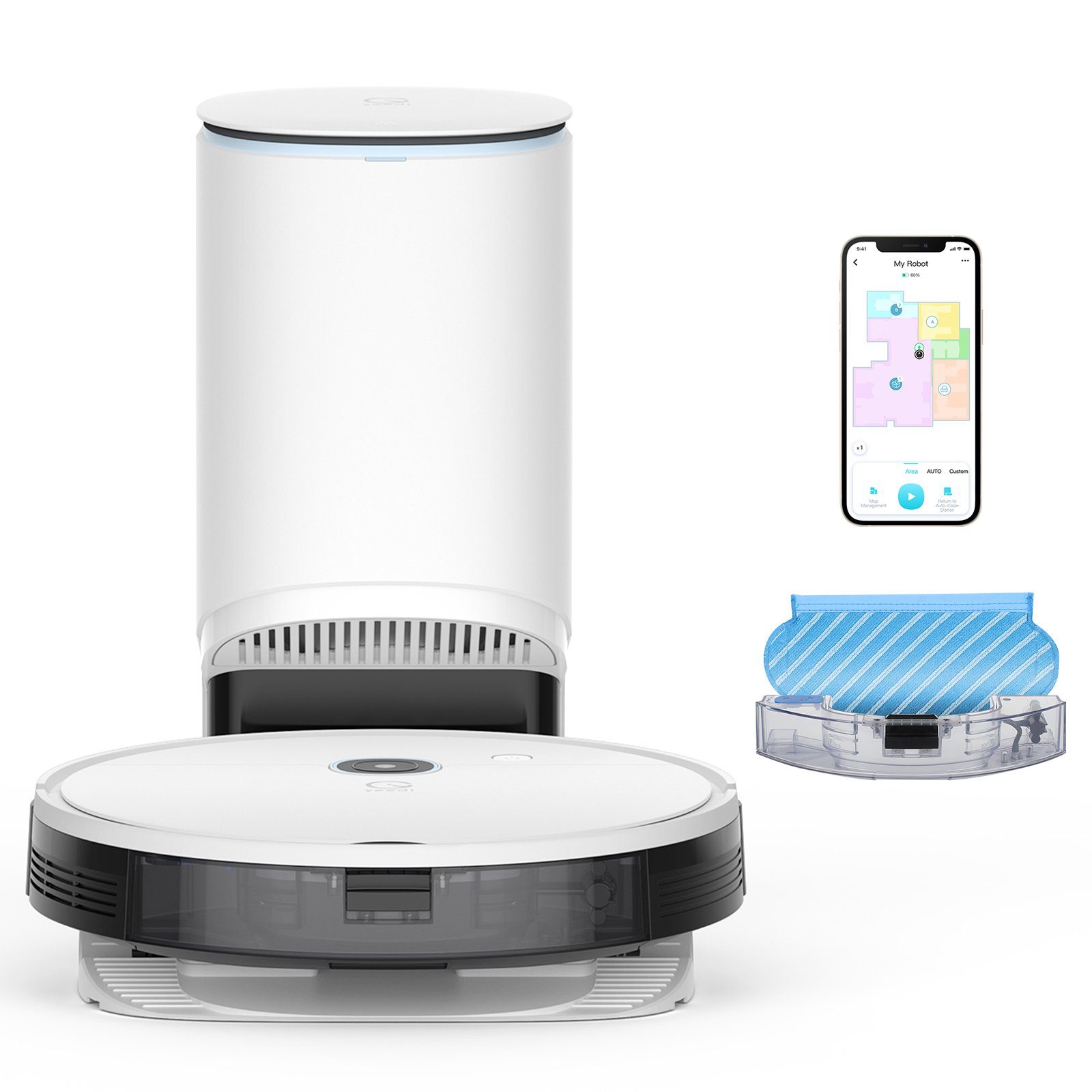 YEEDI Nass-Trocken-Saugroboter Vac Station, mit Absaugstation, 3-in-1-Funktion, App-/Sprachsteuerung, 69,00 W, beutellos, 200 min Laufzeit, 3000 Pa Saugleistung, Raumkarte, Teppicherkennung