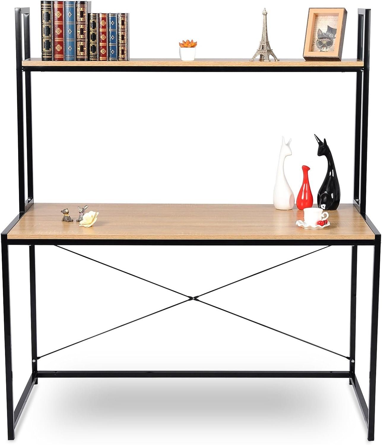 Woltu Computertisch (1-St), Schreibtisch mit 2 Ablage, aus Holz und Stahl