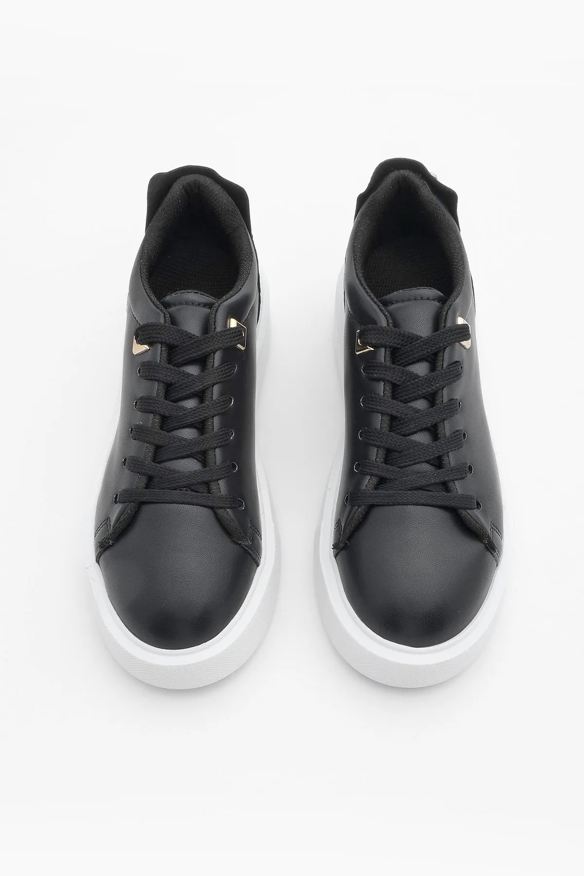 Marjin  Damen Sneakers Dicke Sohle Gold Schnalle Detailliert Schnürschuhe Sportschuhe Rofke Schwarz