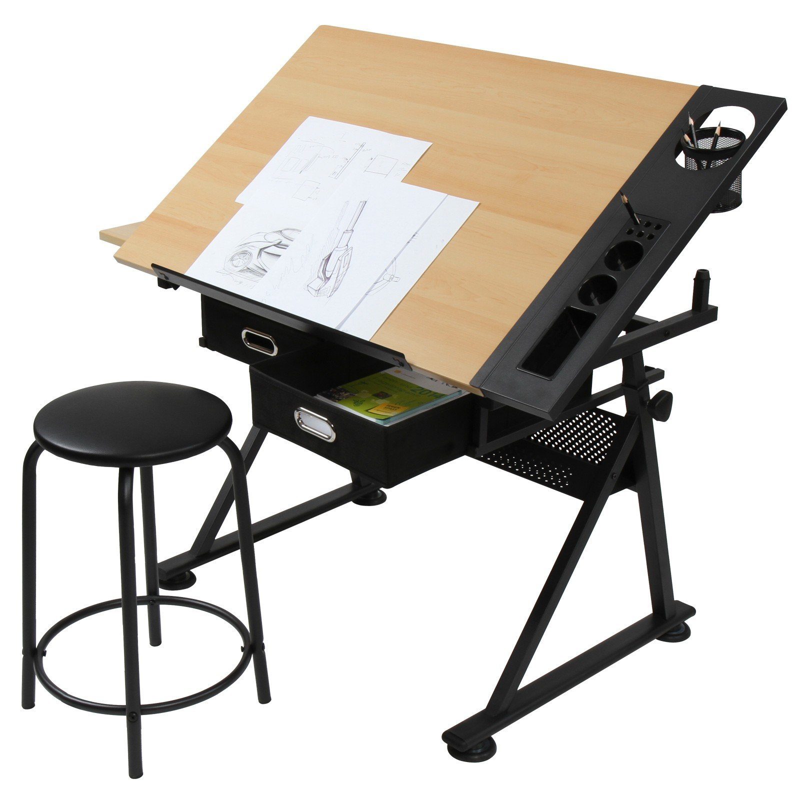 MIADOMODO Zeichentisch mit Hocker Schreibtisch Arbeitstisch Architektentisch