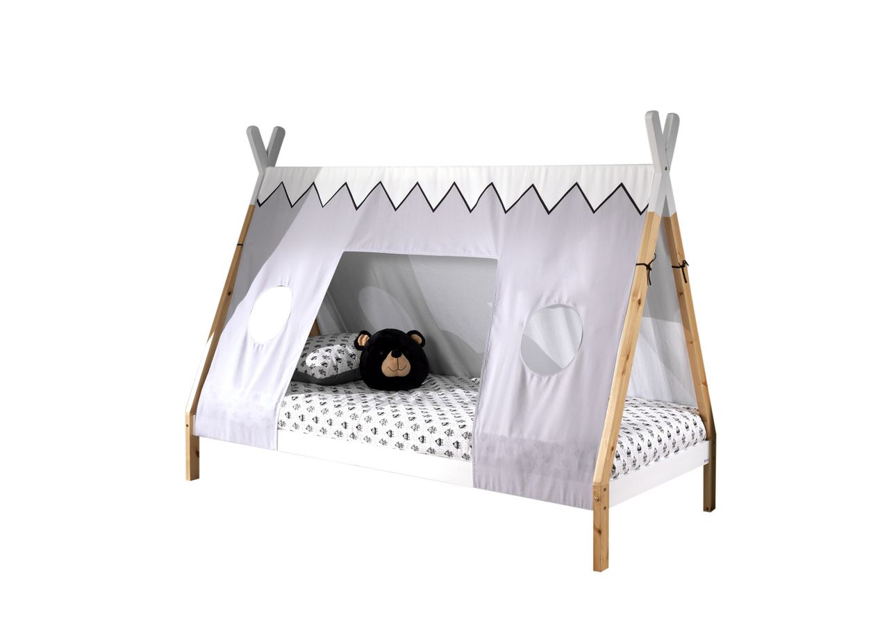 VIPACK Tipi Zelt Bett Liegefläche 90 x 200 cm, inkl. Rolllattenrost und Textilzeltdach, Ausf. Kiefer massiv natur/weiß