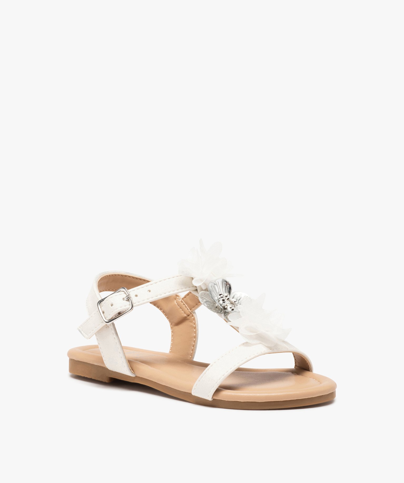 Sandales fille unies à fines brides et fleurs en tulle blanc | GEMO