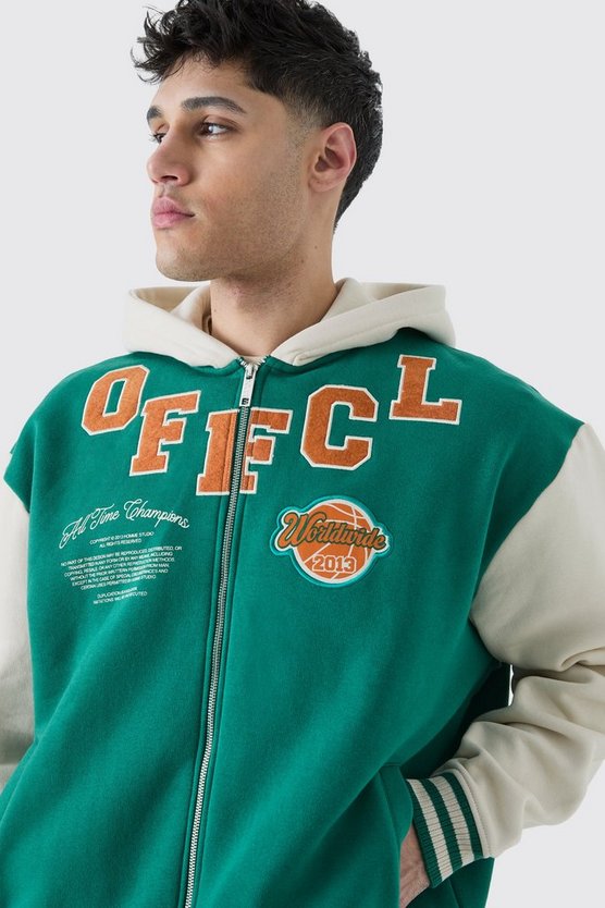Oversize Jersey-Jacke mit Kapuze und Applikation