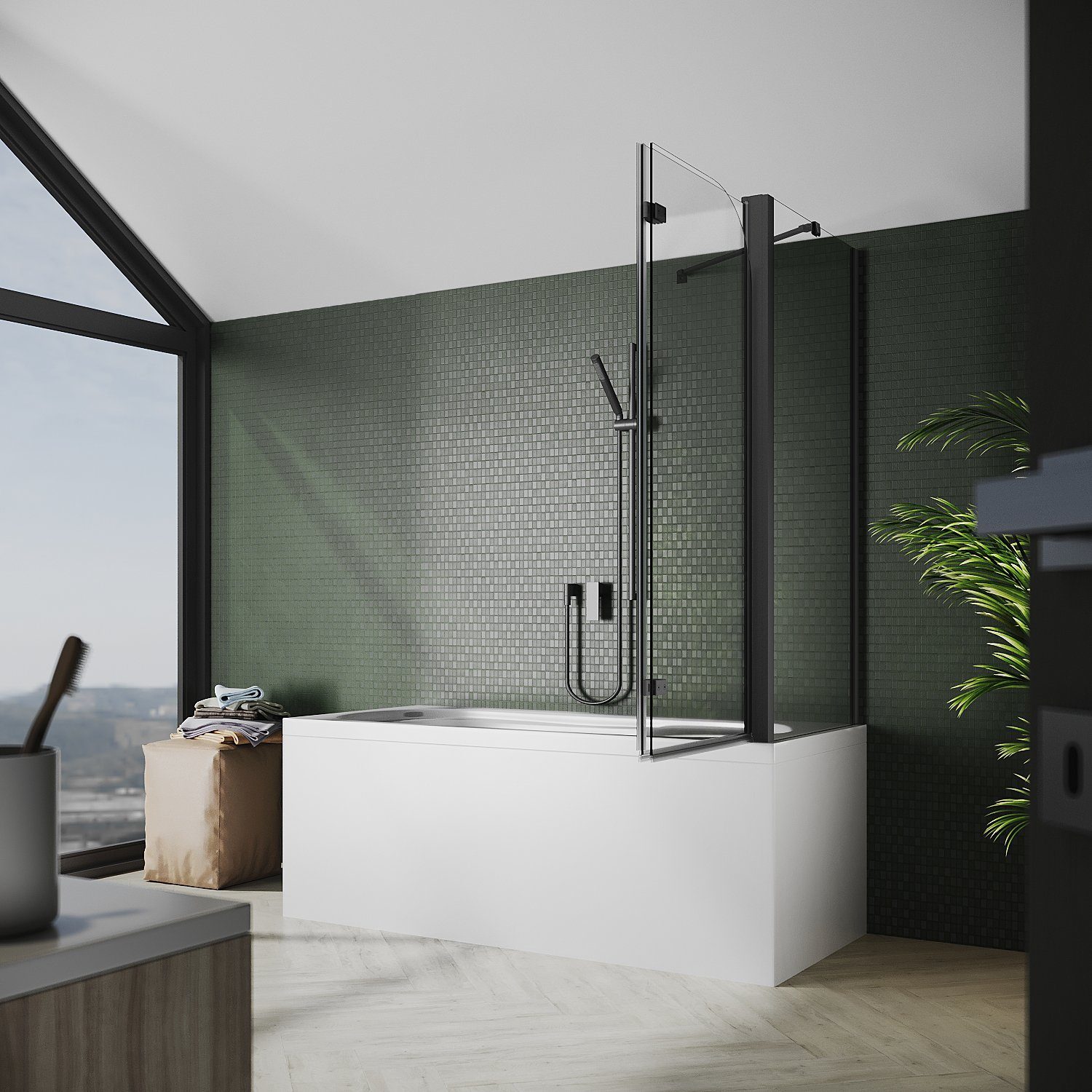 SONNI Badewannenaufsatz NANO Glas, 120x140cm, mit Seitenwand, Faltbar, Schwarz, Einscheibensicherheitsglas mit Nano Beschichtung, für Badezimmer, faltbar