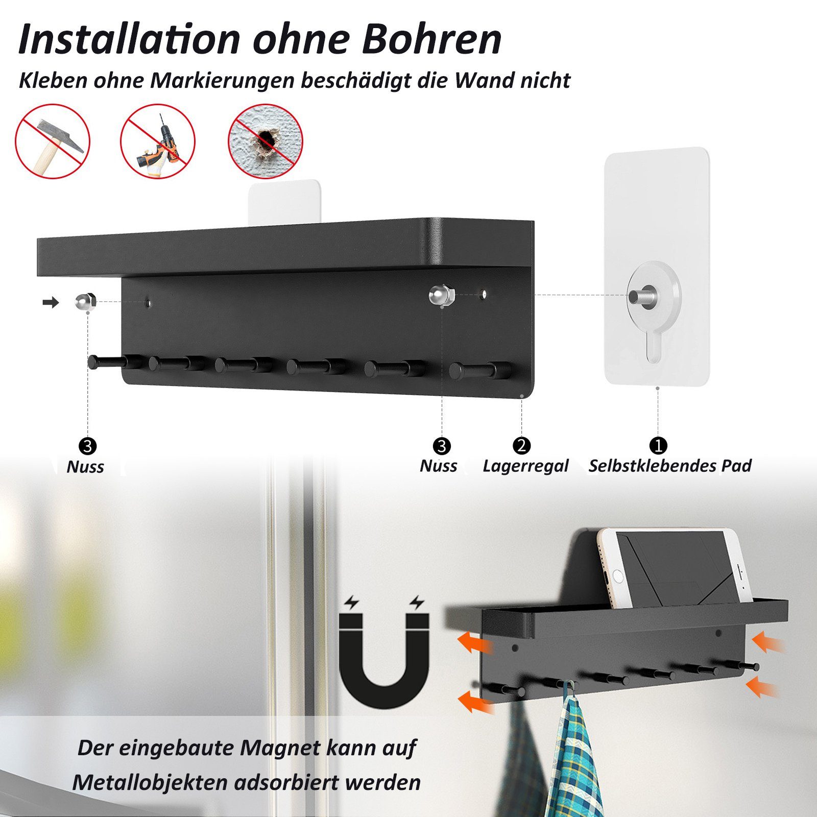 CALIYO Schlüsselbrett 6 Haken & Schlüsselleiste, selbstklebend als Schlüsselboard, Schlüssel Organizer / Hakenleiste mit Ablage