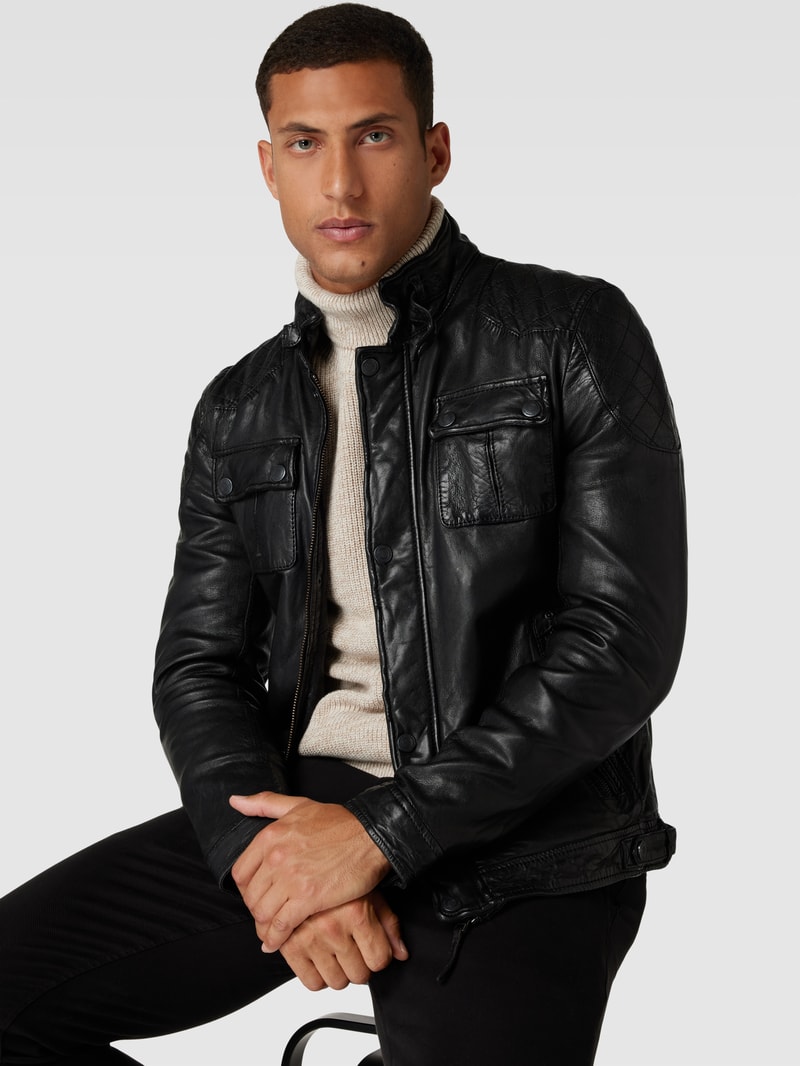 Lederjacke mit Stehkragen in schwarz