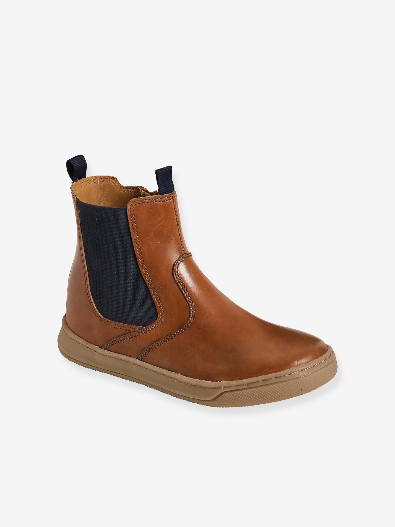 Boots cuir garçon zippés et élastiqués marron