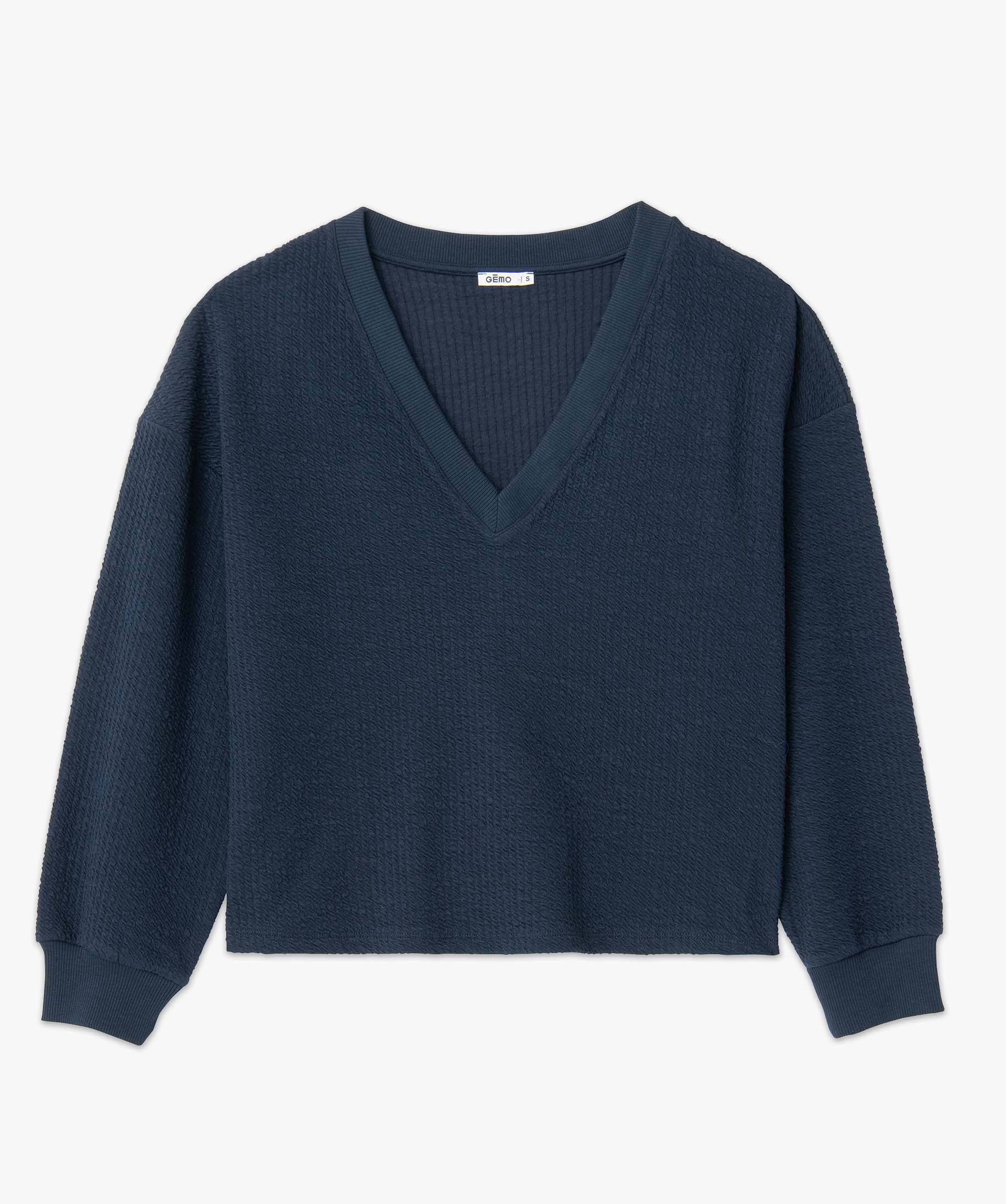 Sweat femme en maille gaufrée avec col en V bleu fonce | GEMO
