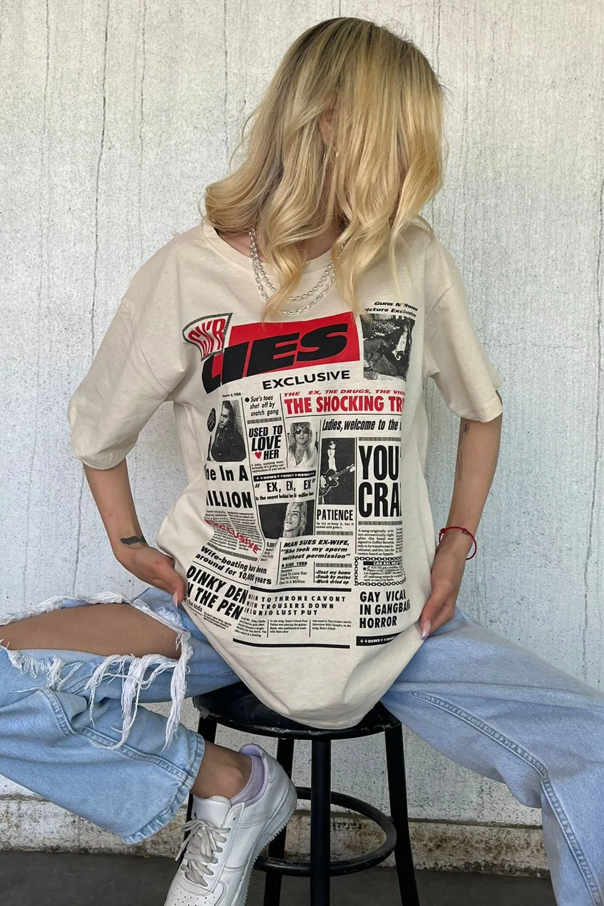 Madmext  Beiges, hinten bedrucktes Over-Fit-Damen-T-Shirt Mg1506