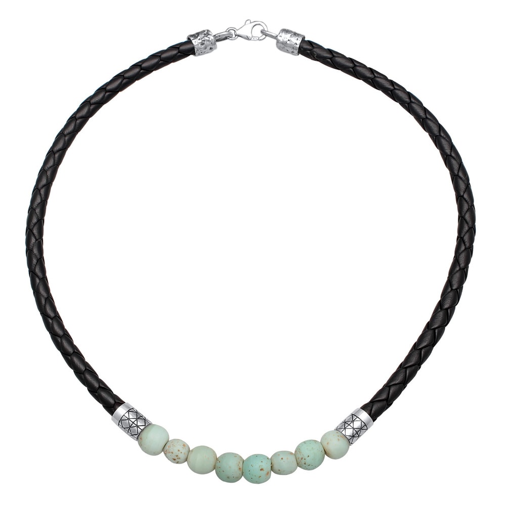 KUZZOI KUZZOI Collier Hommes Perles de verre Basique avec cuir en argent sterling 925 collier