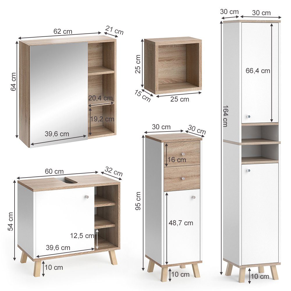 Vicco Badmöbel-Set Badezimmerset SENYO Sonoma / Weiß Set 3, (5-er Set, 5-St., 5-er Set)