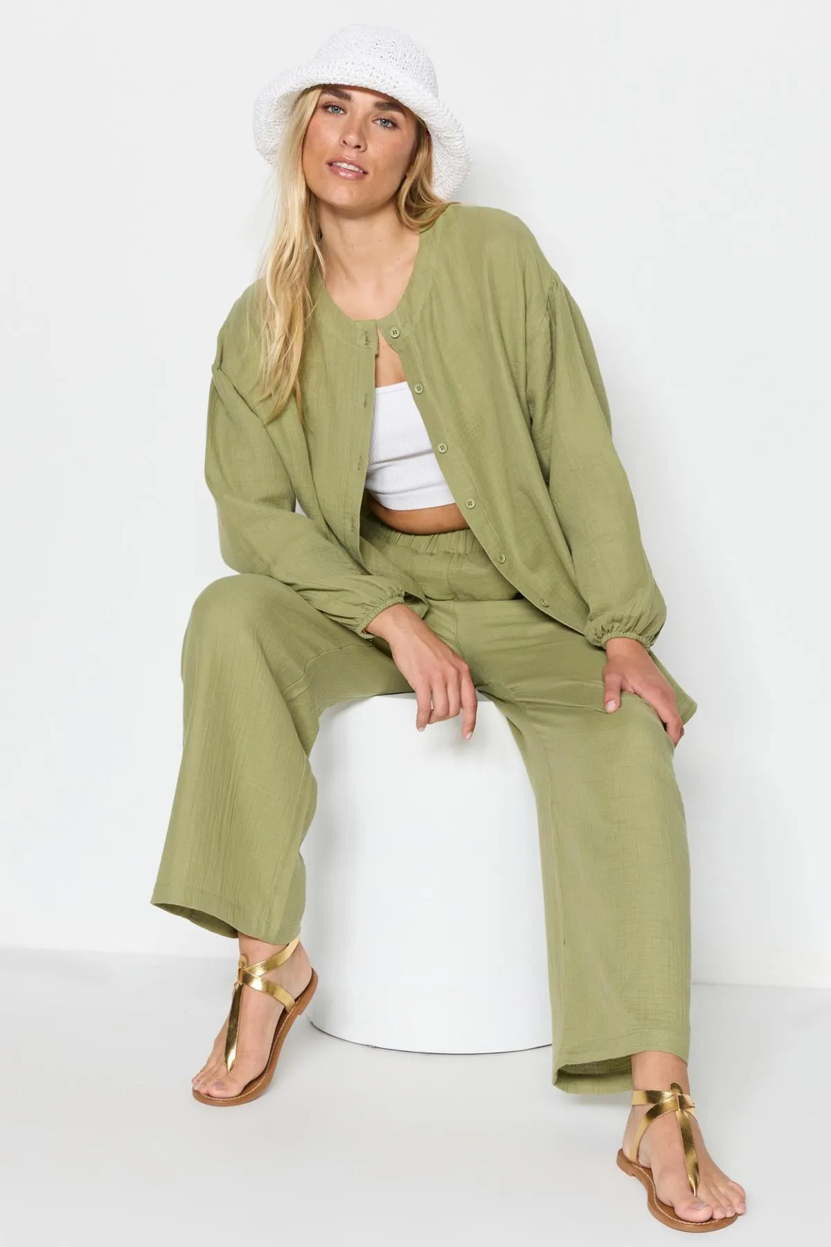 C&City  Hemd-Hosen-Set aus Bio-Baumwoll-Musselin 9123 Khaki