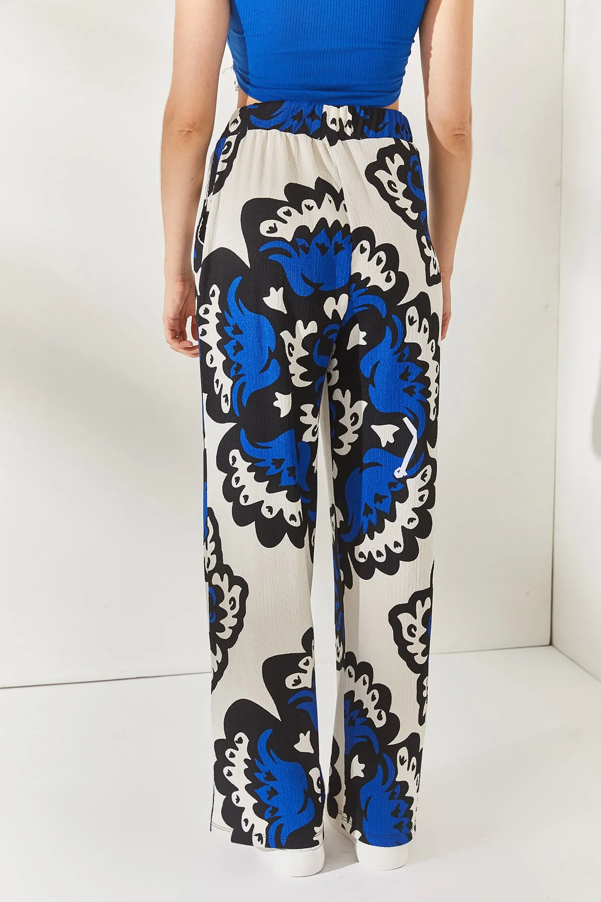 Olalook  Saks Blue Stone Palazzo-Hose mit elastischem Bund und Taschenmuster, PNT-19000225