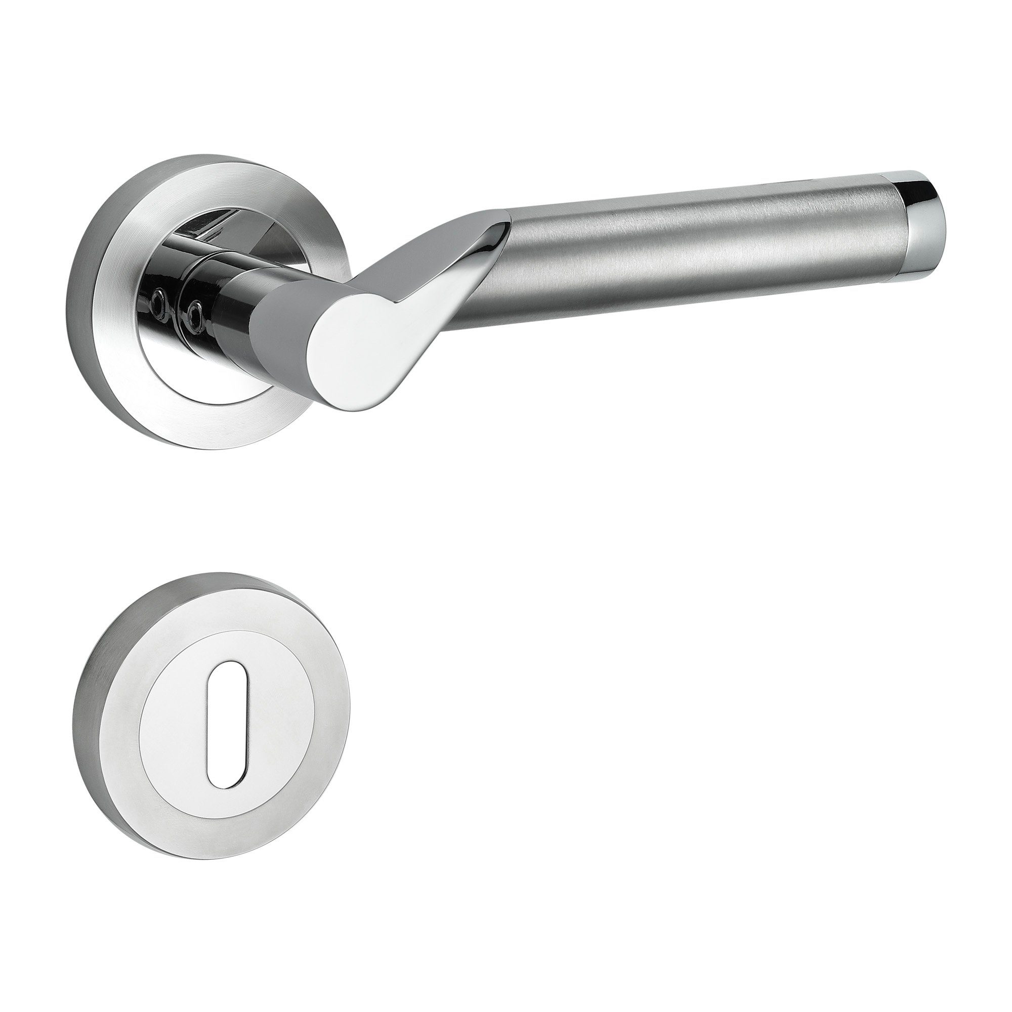 Türbeschläge24 Drückergarnitur Design Drückergarnitur Lightning, festdrehbar gelagert, Schraubrosettenoptik, Türdrücker, Türgriff, Bicolor Chrom/Edelstahl matt