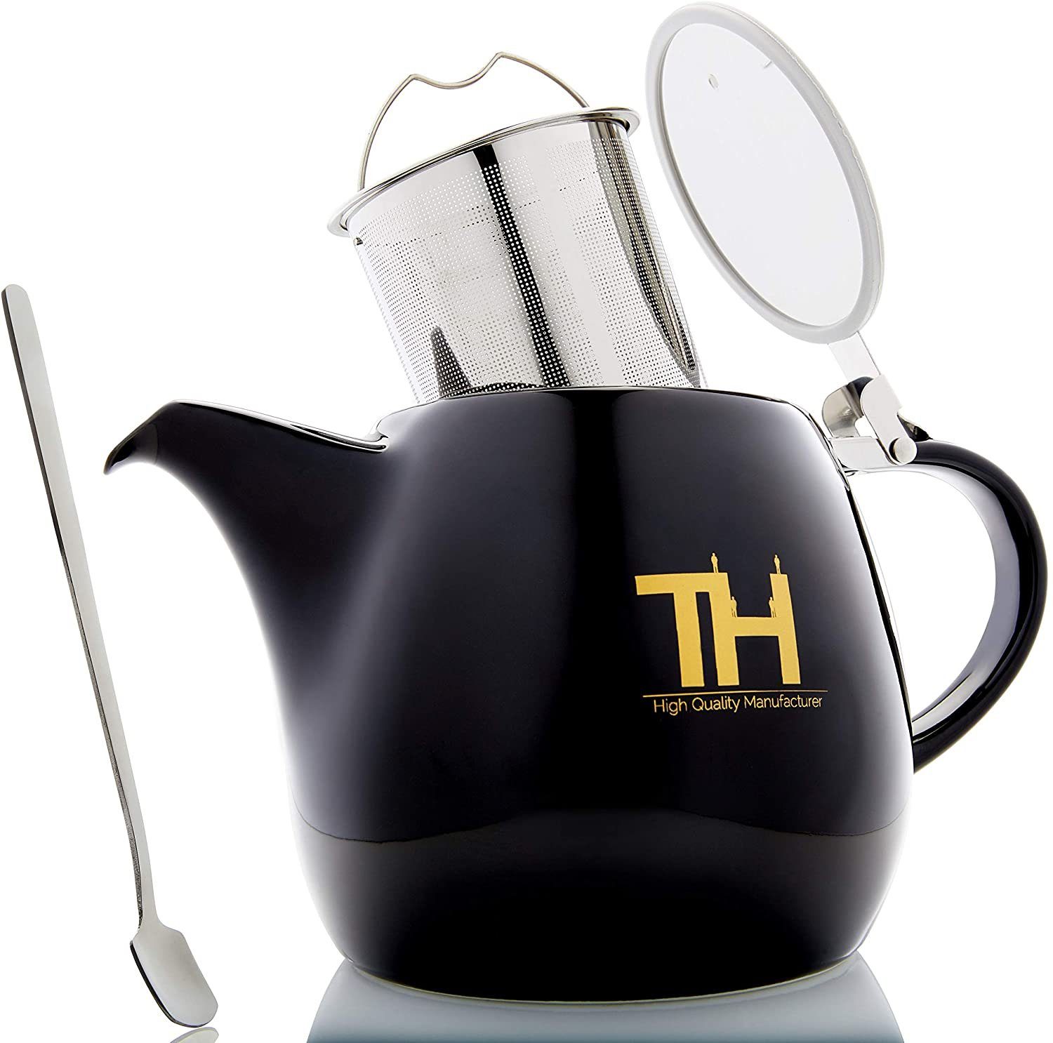 Thiru Teekanne Porzellan, inkl. Edelstahl Siebeinsatz, 1.2 l, (Hitzebeständiges Porzellan aus Handarbeit, Herausnehmbarer extra langer Filtereinsatz, Löffel aus Edelstahl), Innovative Mundform für leichtes Ausschenken