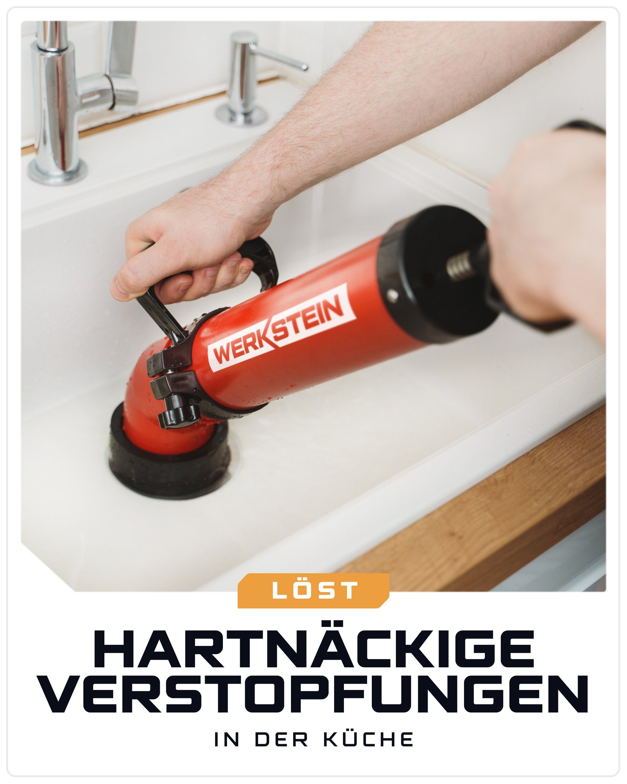 Werkstein Rohrreinigungspumpe I Abflussreiniger zur effektiven Rohrreinigung I Made in Germany, (Set, 3 teilig), Umweltfreundlich, aus stabilen ABS, inkl. 2 Adaptern