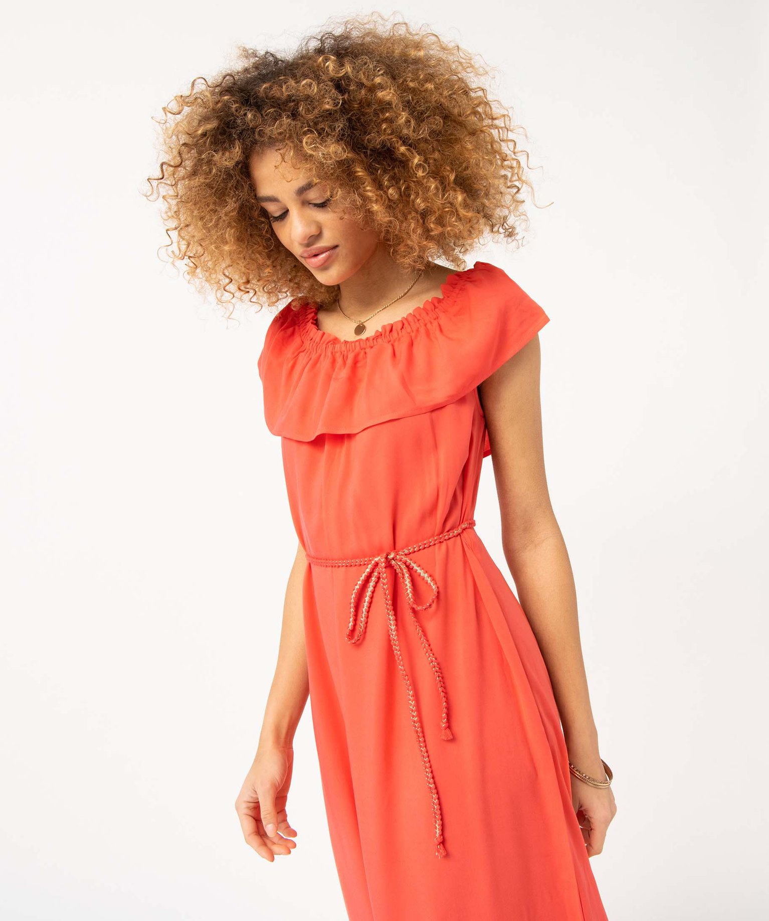 Robe femme longueur chevilles avec large volant sur le col imprime | GEMO