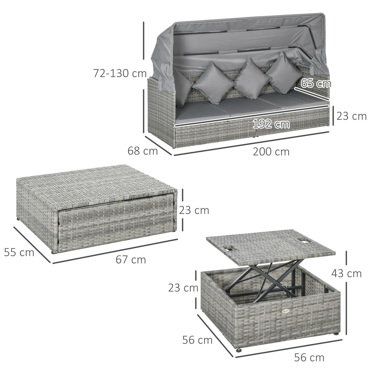 Outsunny Poly Rattan Lounge Set Loungegruppe mit Sonnendach Faltdach Sonneninsel