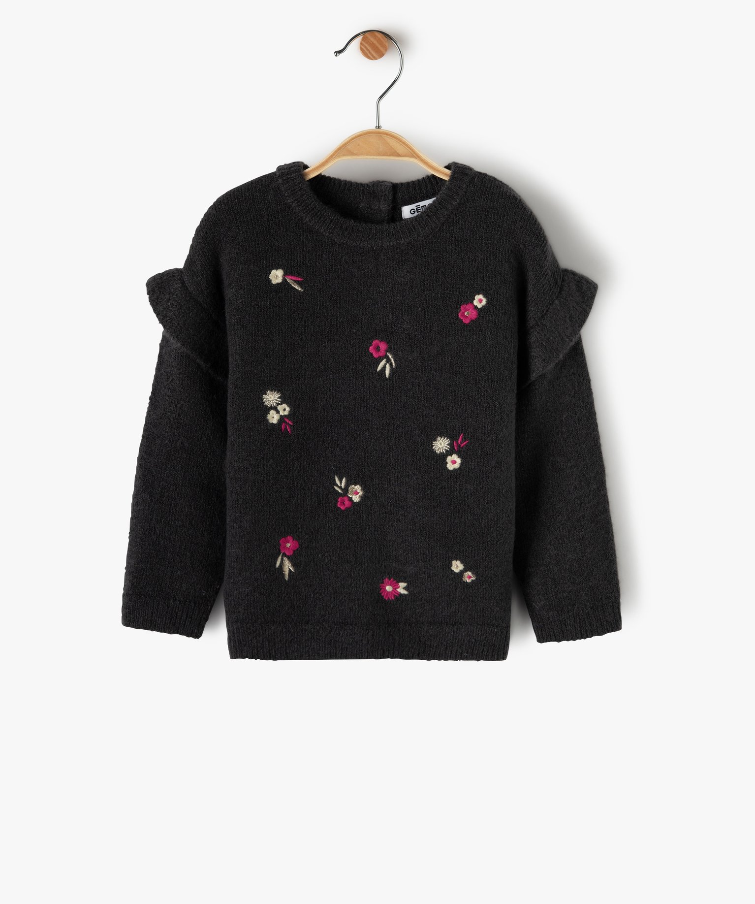 Pull bébé fille avec motifs fleurs brodés et volant aux épaules