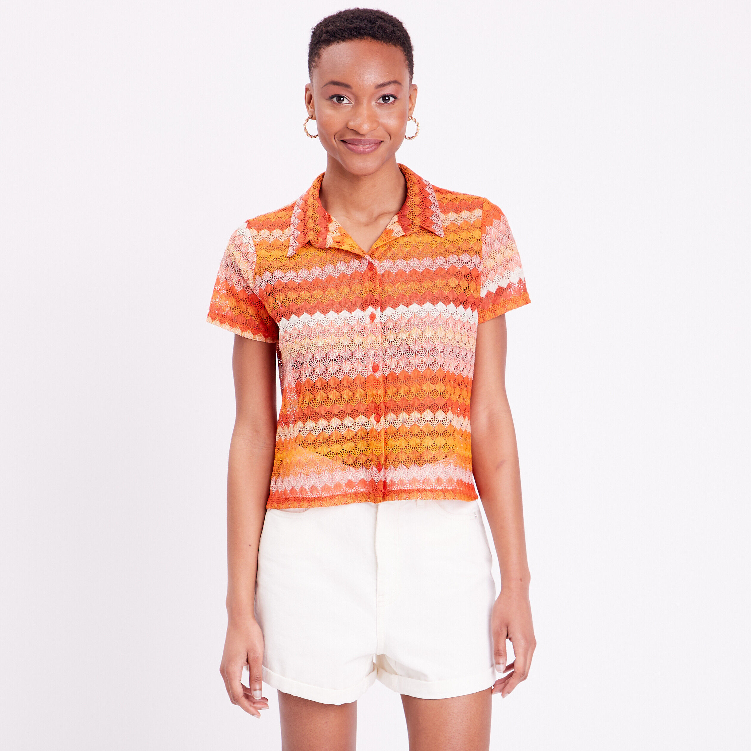 Blouse manches courtes crochet orange femme | Cache Cache