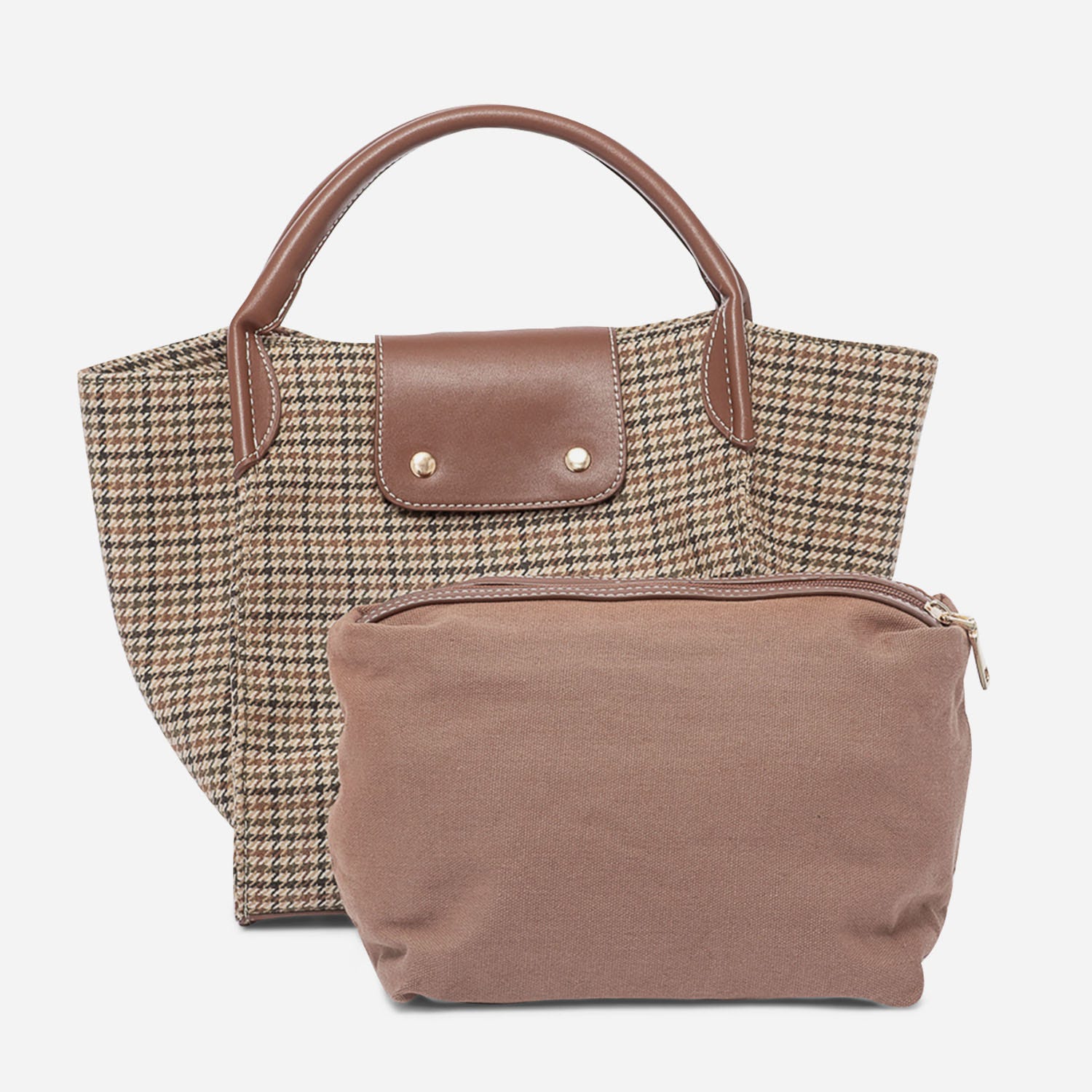 Sac à main marron à motifs pied-de-poule