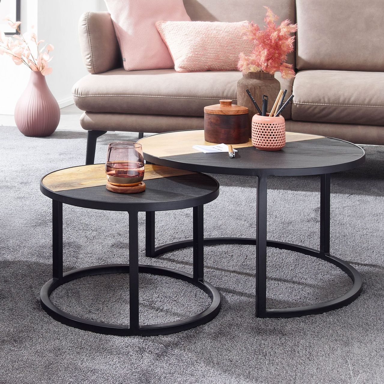 Skyport WOHNLING Couchtisch 2 teilig Wohnzimmertisch Massivholz Rund Beistelltisch Tisch