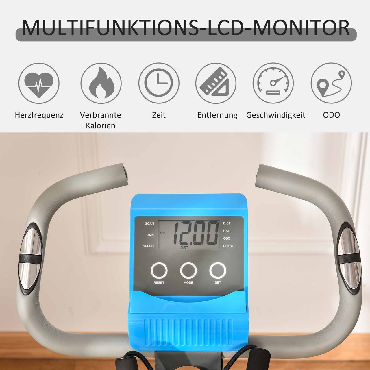 HOMCOM Heimtrainer 2-in-1 Fahrradtrainer LCD-Display klappbarer Hometrainer Trimmrad mit 8 stufig Blau Grau 97x51x115 cm